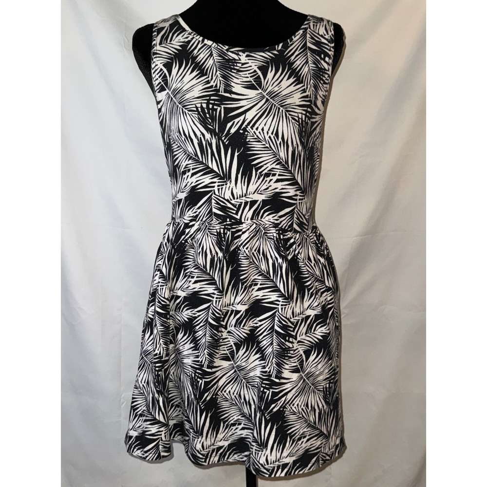 HM Womens Black White Tropical Palm Leaf Print Sleeveless Skater Dress Small